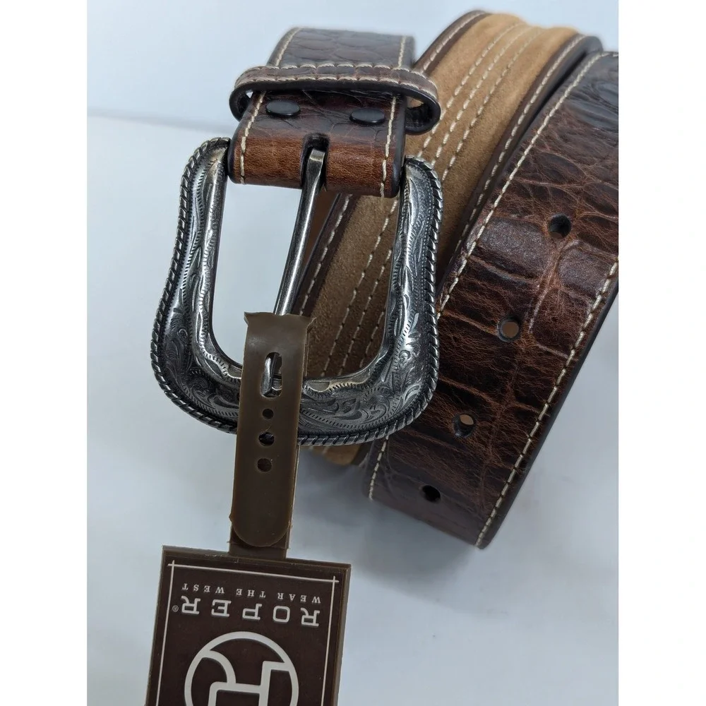 Roper Mens Brown Leather Suede Western Belt Alligator Embossed Buckle 34